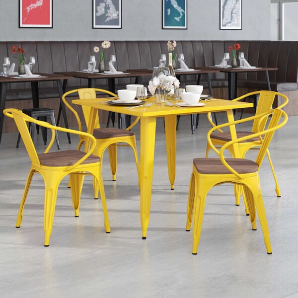 Flash Furniture Yellow Metal Chair with Wood Seat and Arms, PK4 4-CH-31270-YL-WD-GG - main
